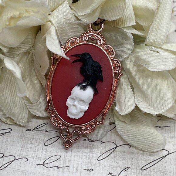 ROSE Gold Red Gothic Crow Raven Rose Skull Wedding Party Jewelry necklace Cameo - Picture 2 of 11